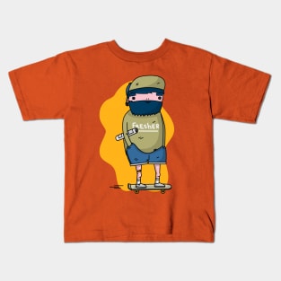 Beard boy on skateboard with newspaper Kids T-Shirt